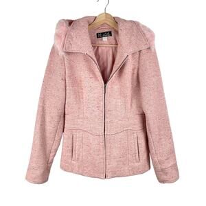 y2k Pink Tweed Wool Blend Coat Size S Faux Fur Trim Full Zip Jacket Bratz Doll